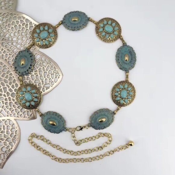 Vintage Bohemian Turquoise Stone Medallion Link Belt – Adjustable - Picture 4 of 7